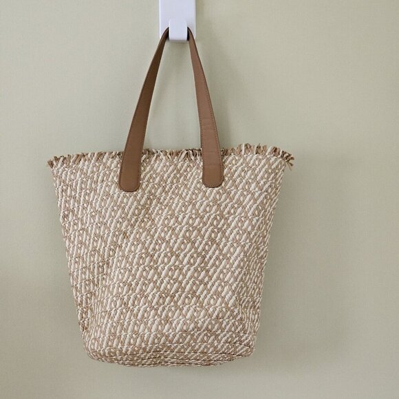 Lulla Collection Straw Paper Tote Bag Beige Double Handle Summer Beach Coastal - Picture 1 of 16
